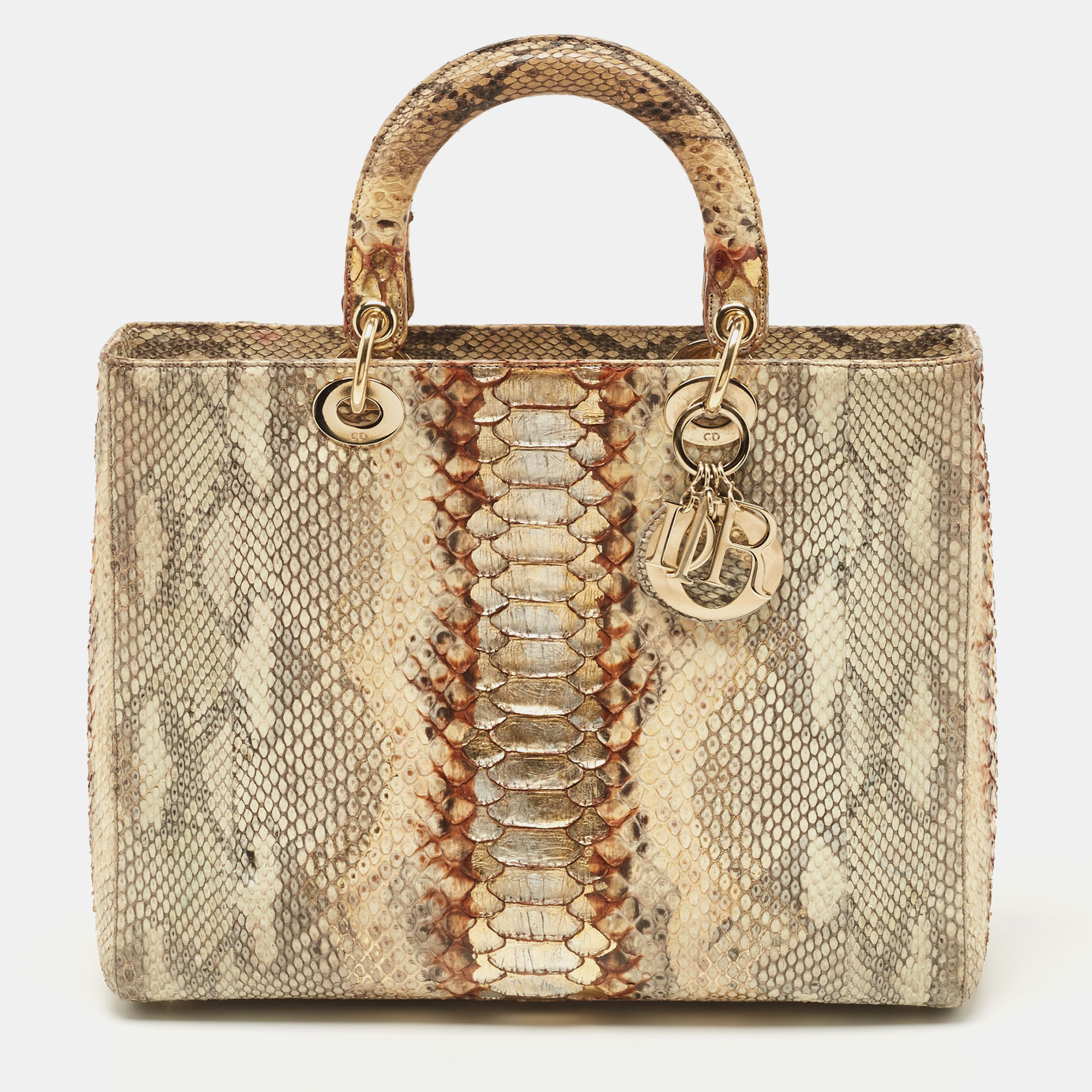 Dior Gold/Beige Python Large Limited Edition Lady Dior Tote