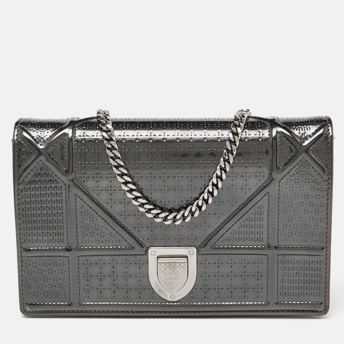 Dior Grey Micro Cannage Patent Leather Diorama Wallet On Chain