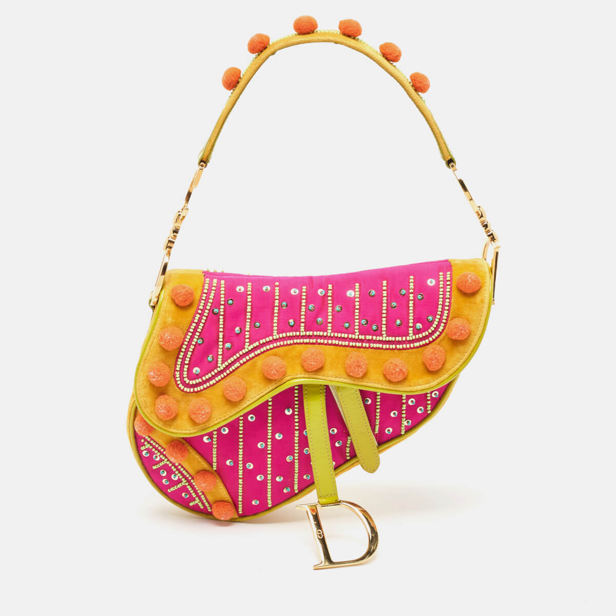 Dior Multicolor Velvet and Patent Leather Limited Edition 0096 Pom Pom Embellished Saddle Bag