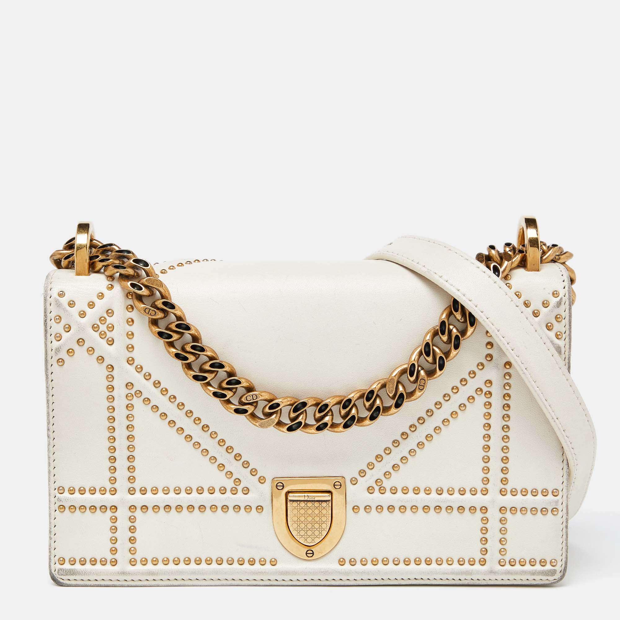 Dior Off White Studded Leather Small Diorama Shoulder Bag