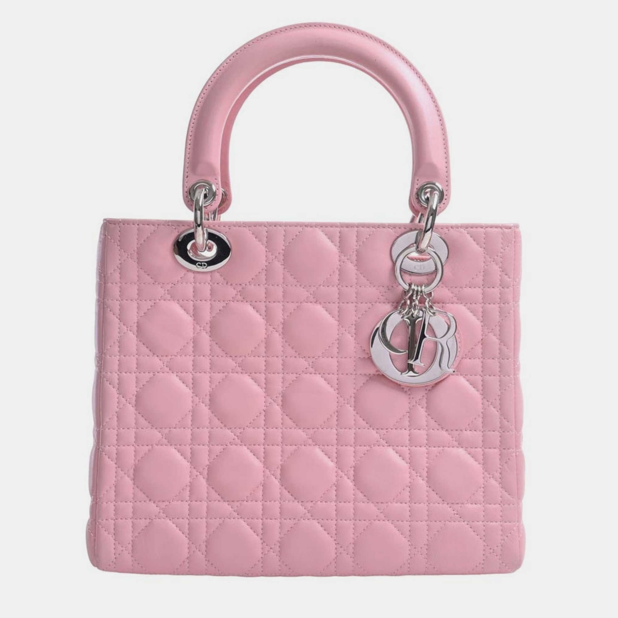 Dior Pink Leather Medium Cannage Lady Dior Top Handle Bag