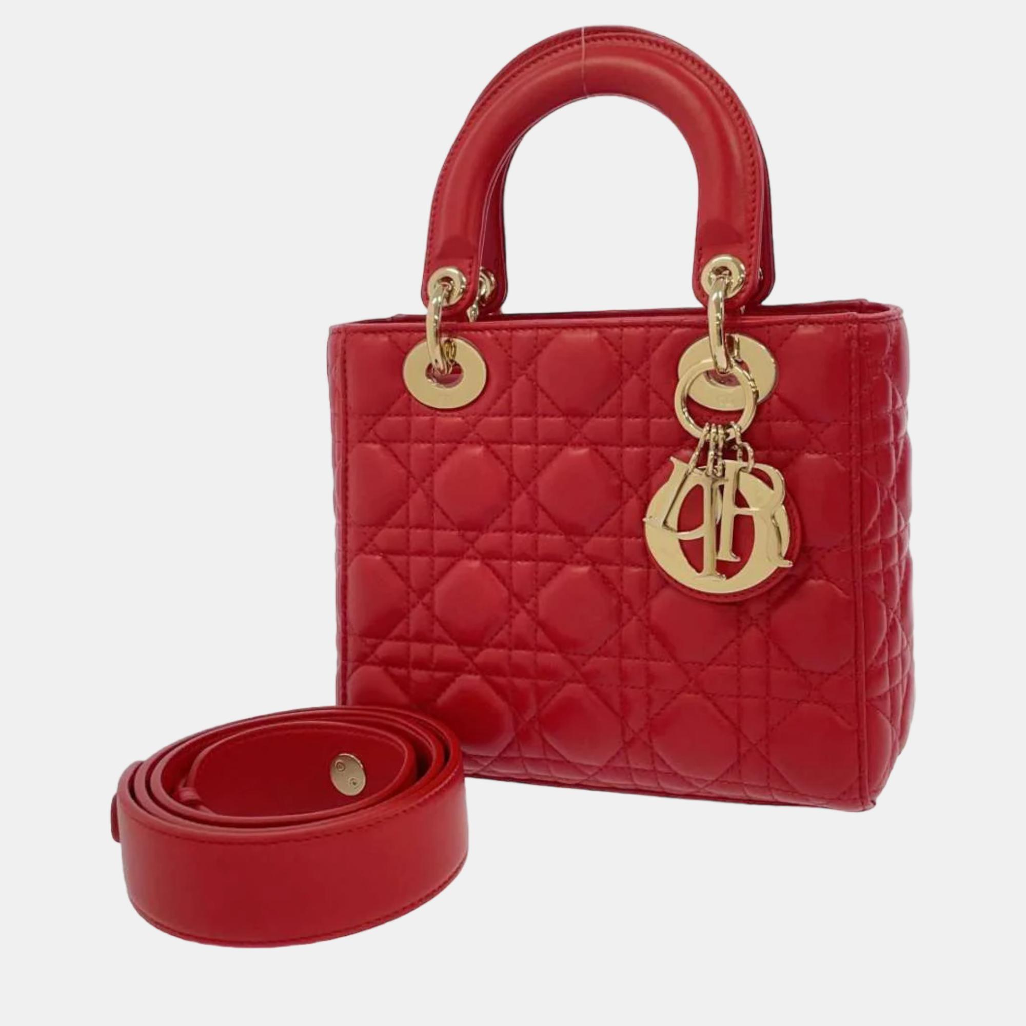 Dior Red Leather Small Lady Dior Top Handle Bag