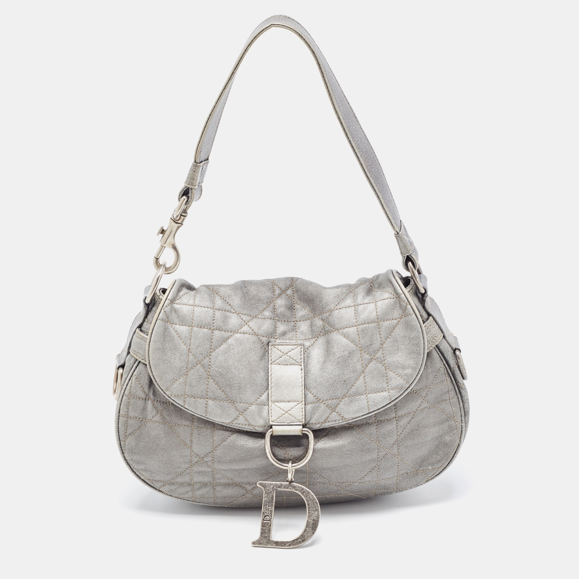 Dior Silver Quilted Cannage Leather Flap Shoulder Bag