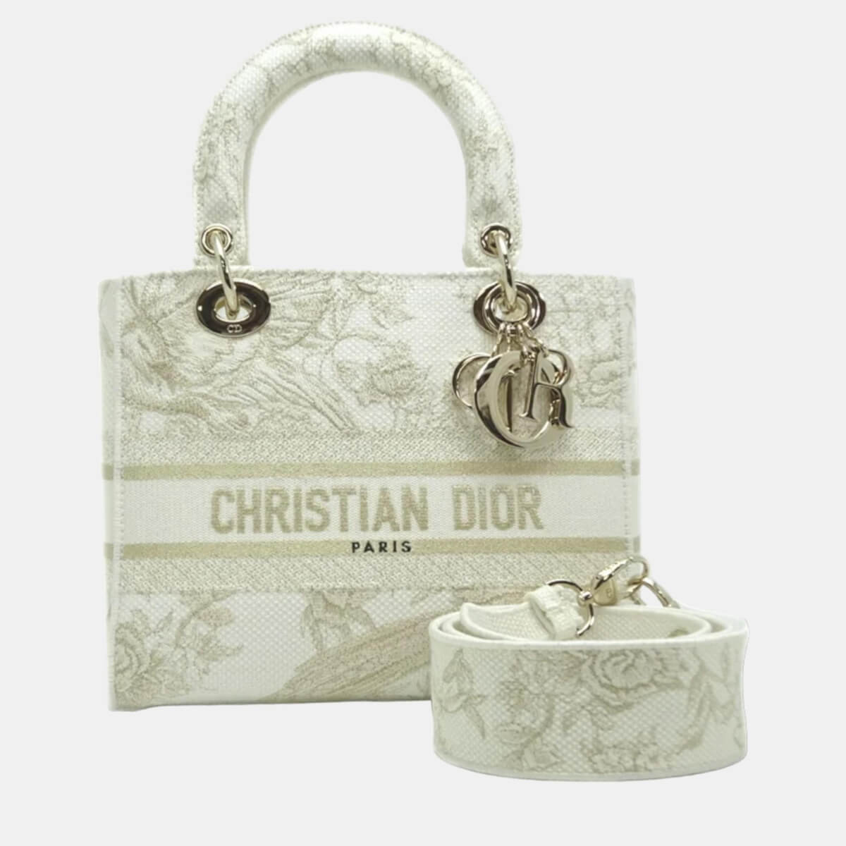Dior White Canvas Around The World Stella Embroidered Lady D-Lite Top Handle Bag