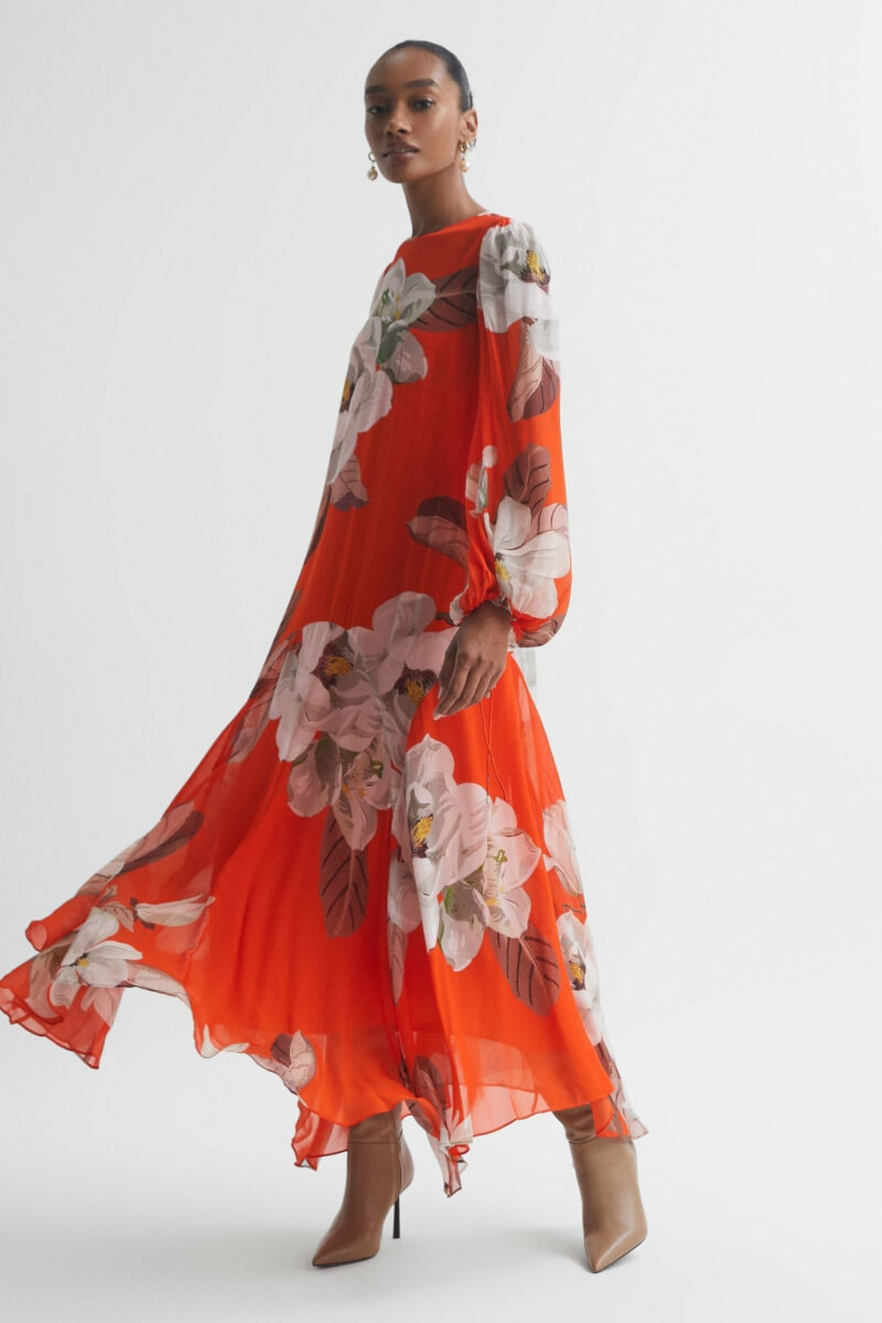 Florere - Floral Asymmetric Midi Dress, Orange