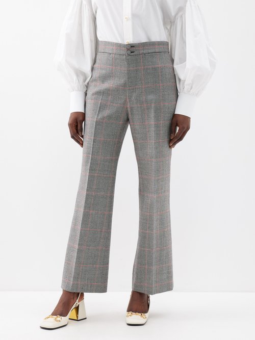 Gucci - Checked Wool-twill Trousers - Womens - Black White Red