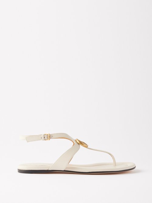 Gucci - Double Gg T-bar Leather Sandals - Womens - White Gold