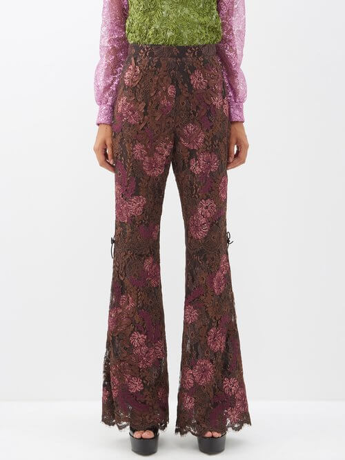 Gucci - Floral-lace And Leather Flared Trousers - Womens - Brown Multi