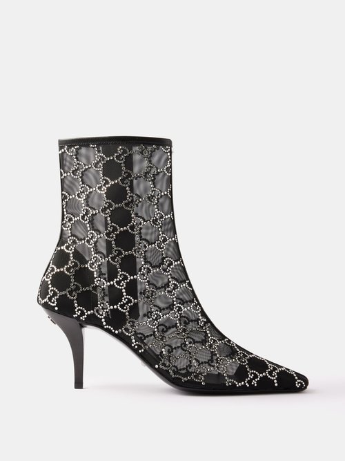 Gucci - GG 75 Crystal-embellished Mesh Ankle Boots - Womens - Black And White