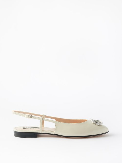 Gucci - GG Crystal-embellished Slingback Leather Flats - Womens - Ivory