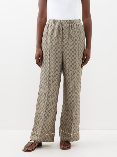 Gucci - GG Supreme-print Silk Wide-leg Trousers - Womens - Brown