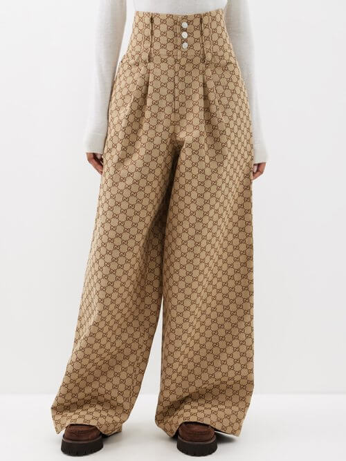 Gucci - GG-canvas Cotton-blend Wide-leg Trousers - Womens - Beige