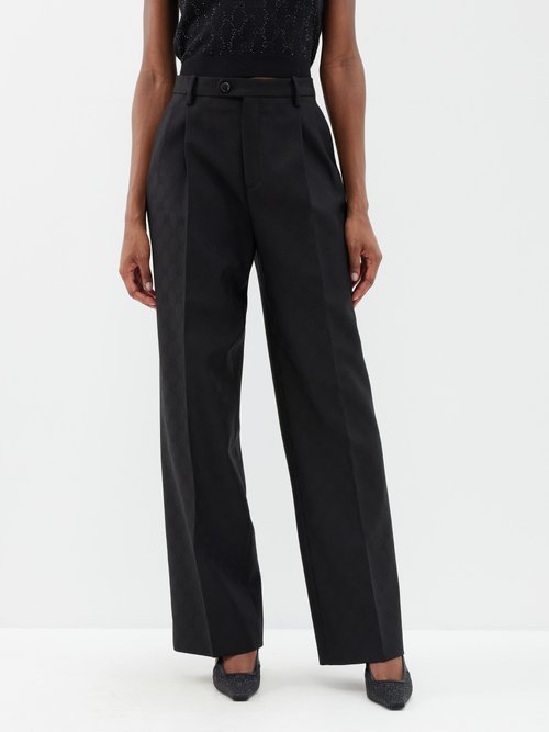 Gucci - GG-jacquard Pleated Wool Tailored Trousers - Womens - Black