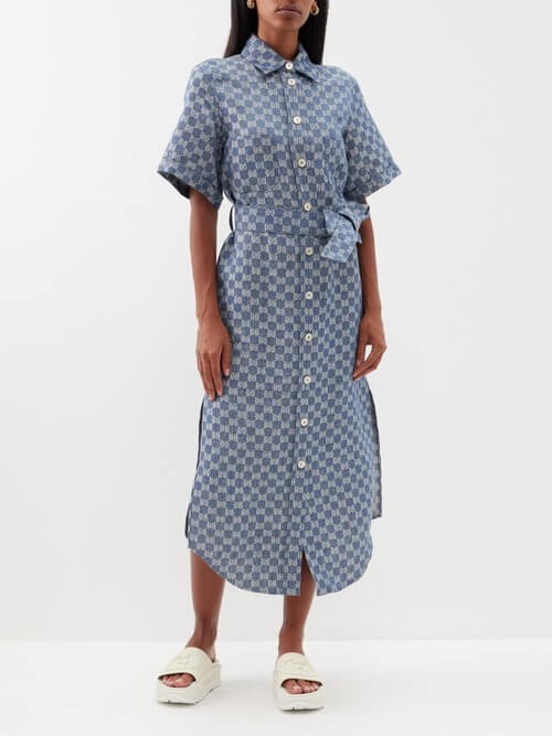 Gucci - GG-jacquard Tie-waist Linen Shirt Dress - Womens - Blue