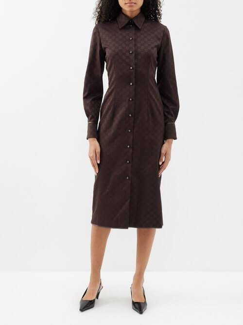 Gucci - GG-jacquard Twill Shirt Dress - Womens - Brown