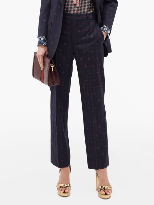 Gucci - GG-jacquard Wool Straight-leg Trousers - Womens - Blue Multi
