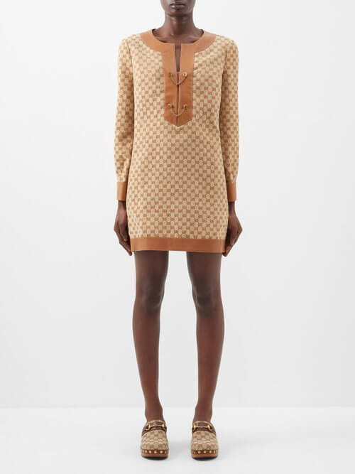 Gucci - GG-monogram Leather-trim Linen-blend Mini Dress - Womens - Beige