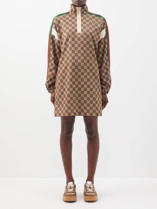 Gucci - GG-print Web-stripe Piqué-jersey Mini Dress - Womens - Brown Multi
