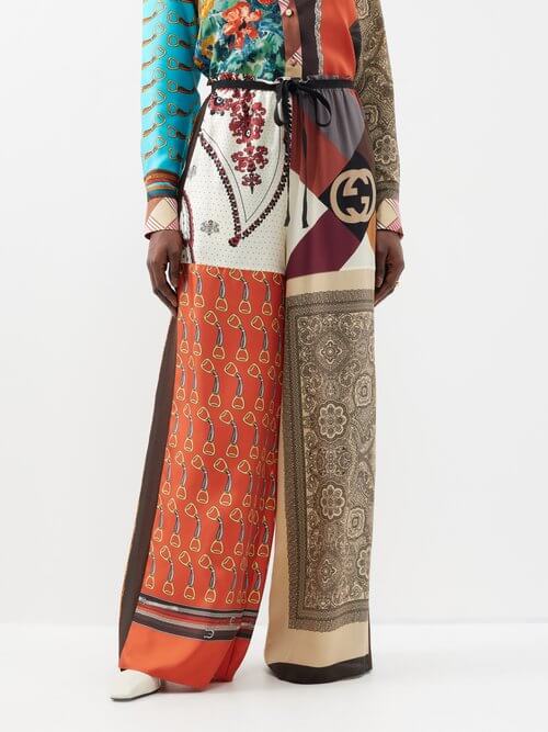 Gucci - Heritage Patchwork-print Silk Wide-leg Trousers - Womens - Brown Multi