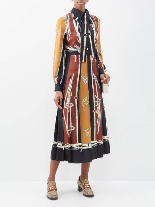 Gucci - Heritage-print Silk-twill Shirt Dress - Womens - Black Multi