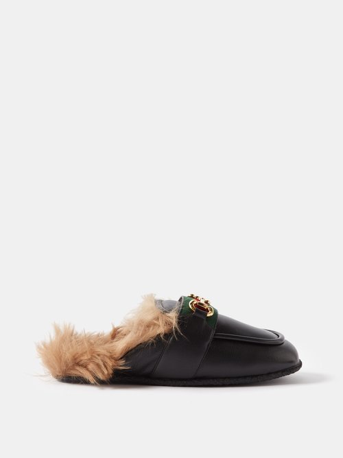 Gucci - Horsebit Faux-shearling-lined Leather Mules - Mens - Black