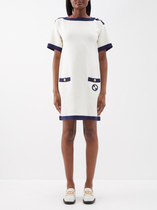 Gucci - Interlocking-g Button-shoulder Cotton-blend Dress - Womens - Ivory Navy