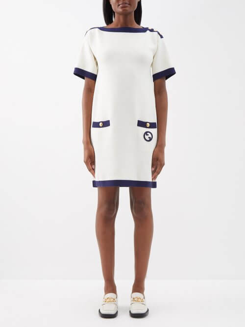 Gucci - Interlocking-g Button-shoulder Cotton-blend Dress - Womens - Ivory Navy
