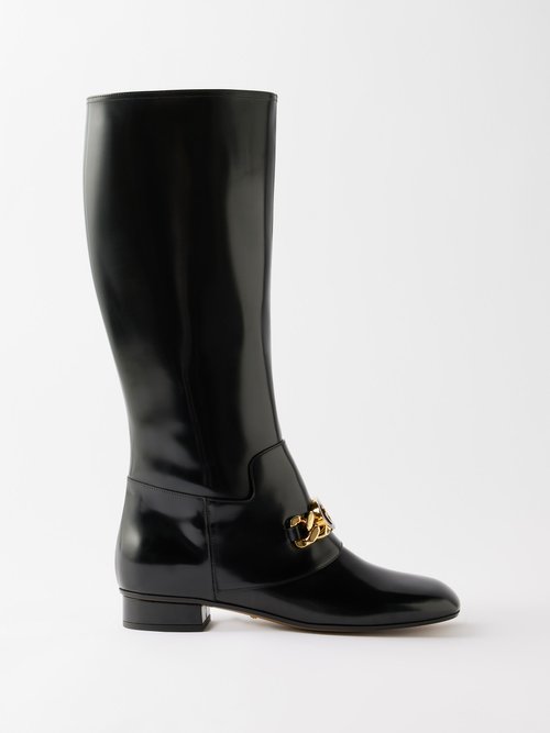 Gucci - Interlocking-g Chain Patent-leather Knee Boots - Womens - Black