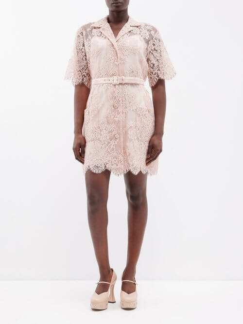 Gucci - Lace-overlay Belted Cotton-blend Mini Dress - Womens - Light Pink