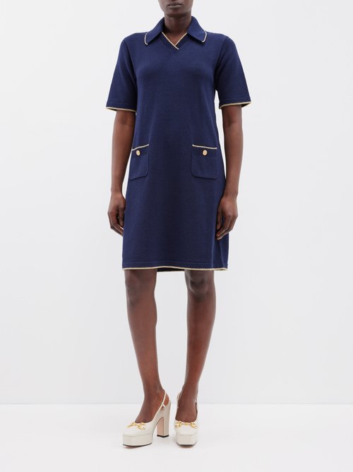 Gucci - Lamé-trim Cotton-blend Knit Mini Dress - Womens - Blue Yellow