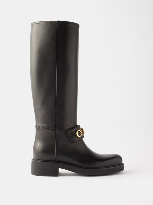 Gucci - Logo-plaque Leather Knee-high Boots - Womens - Black