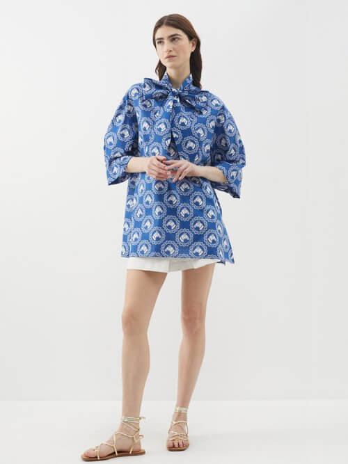 Gucci - Neck-tie Horse-print Cotton Mini Dress - Womens - Blue Multi