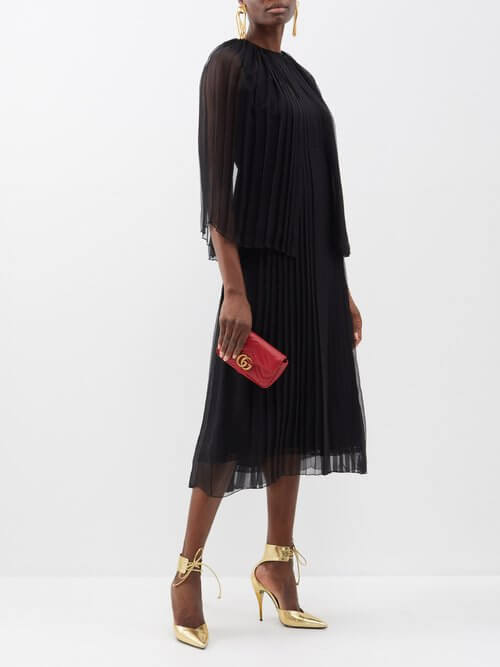Gucci - Pleated Cape-shoulder Silk-chiffon Midi Dress - Womens - Black