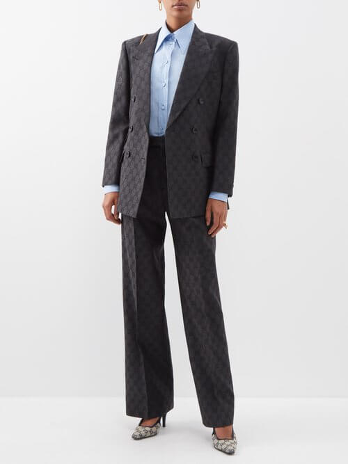 Gucci - Pleated Gg-jacquard Wool Suit Trousers - Womens - Black Grey