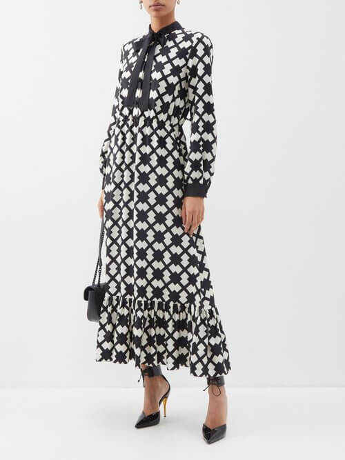 Gucci - Rhombus Tile-print Silk-twill Maxi Dress - Womens - Black White