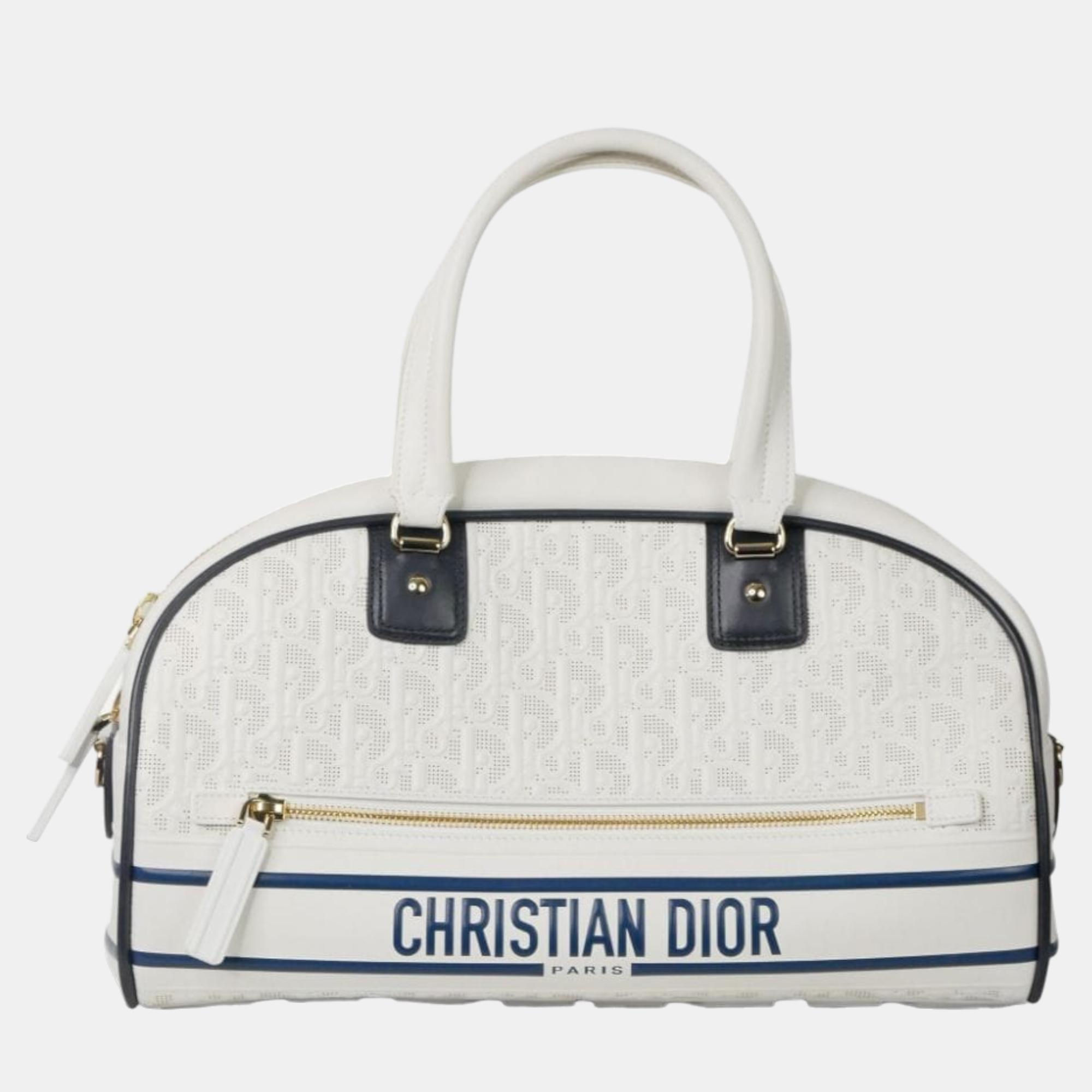 MEDIUM DIOR White and Blue Dior Oblique Perforated and Embossed Calfskin VIBE ZIP BOWLING BAG M6202ODDV933U