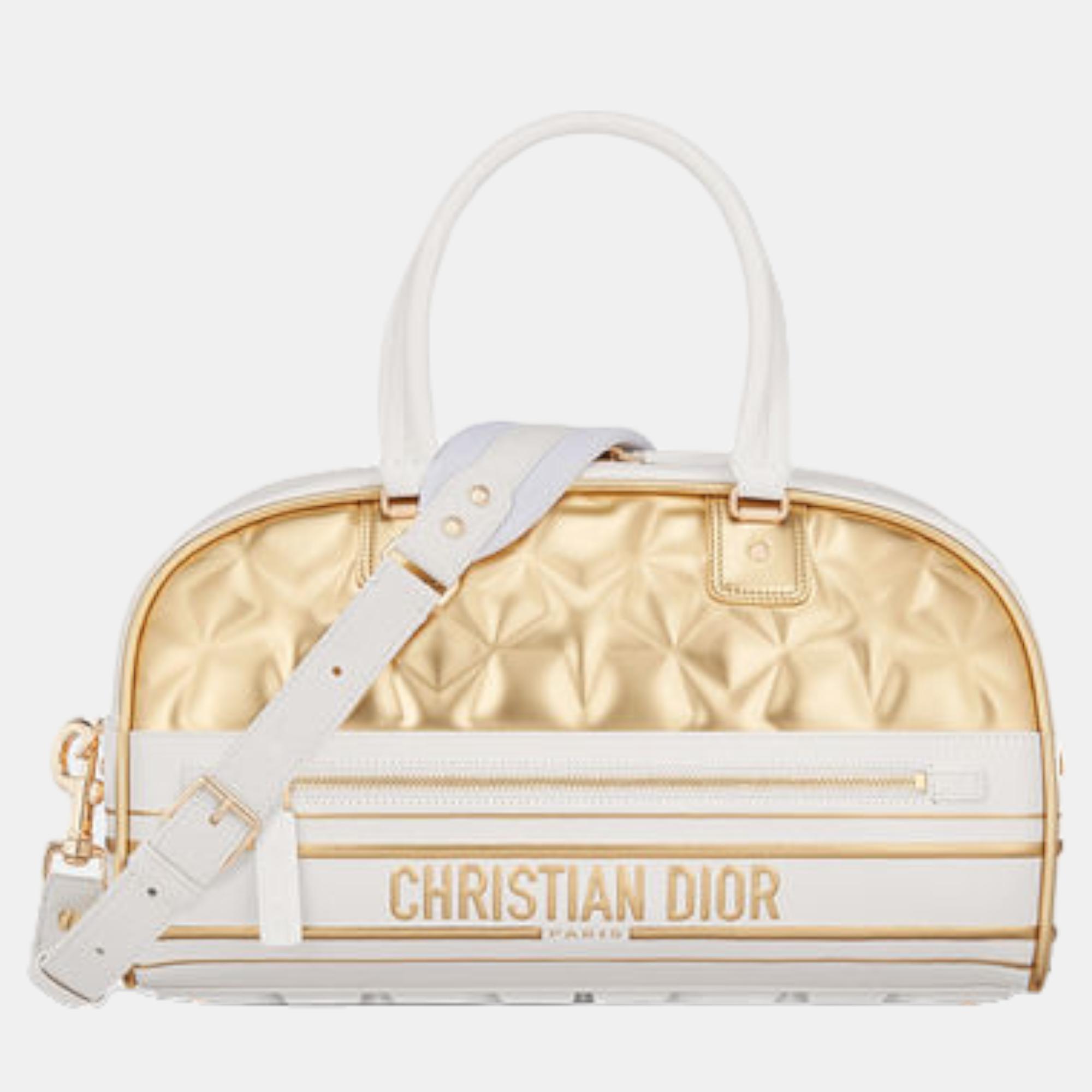 MEDIUM DIOR White and Gold-Tone Padded Dior toile Calfskin VIBE ZIP BOWLING BAG M6202OOLA01EU
