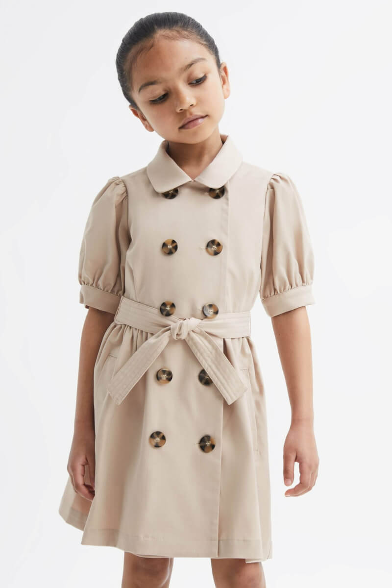 Naomi Puff Sleeve Belted Dress - Beige Plain, Size: 7