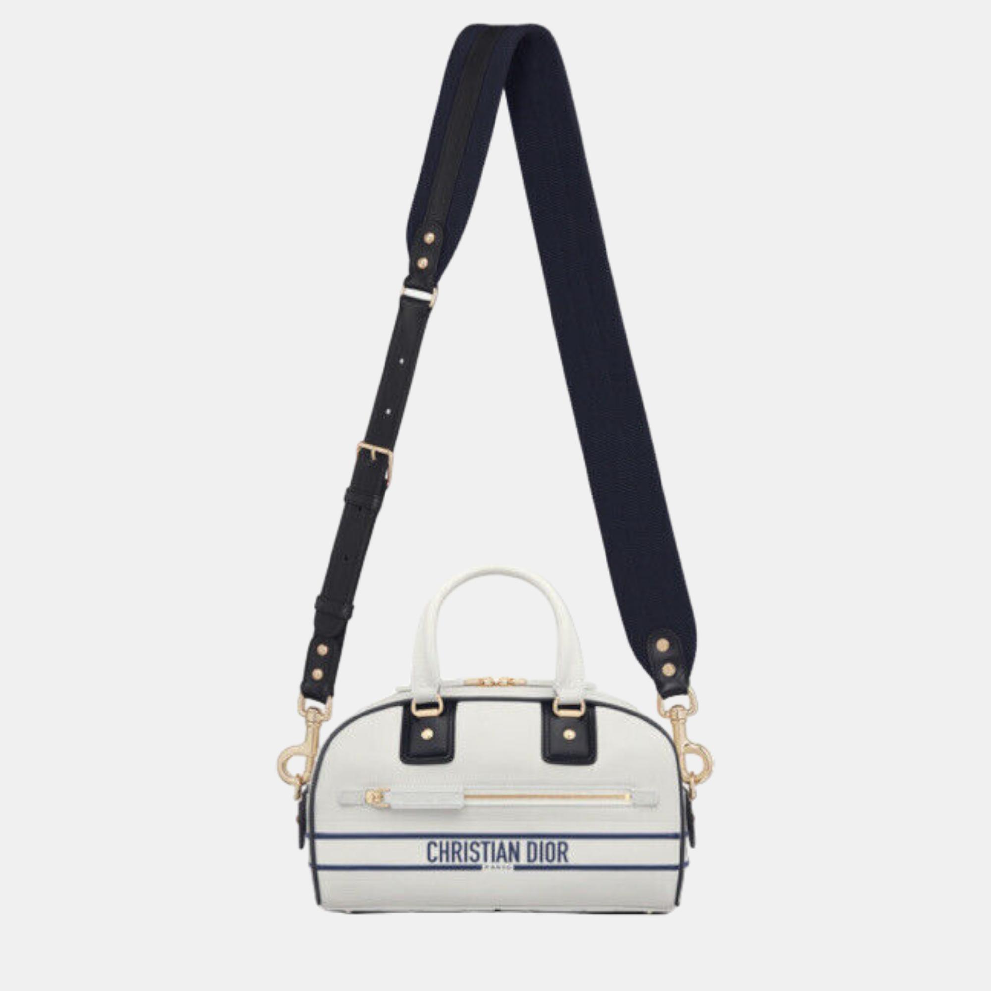 SMALL DIOR White and Blue Smooth Calfskin VIBE ZIP BOWLING BAG M6209OOBR933U