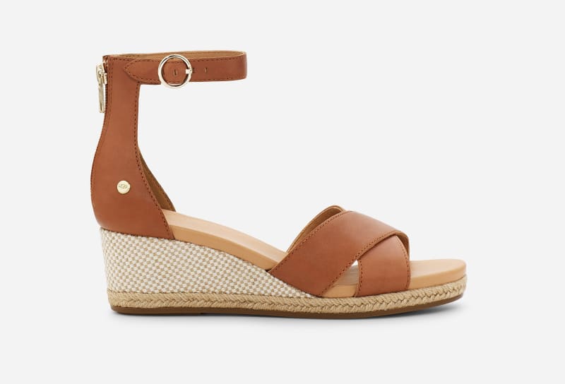 UGG Eugenia Wedge Sandal for Women in Tan Leather, Size 6