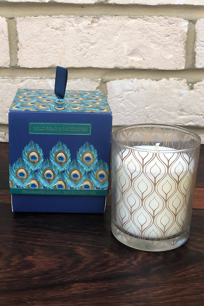 Wild Pear And Patchouli Scented Peacock Design Candle