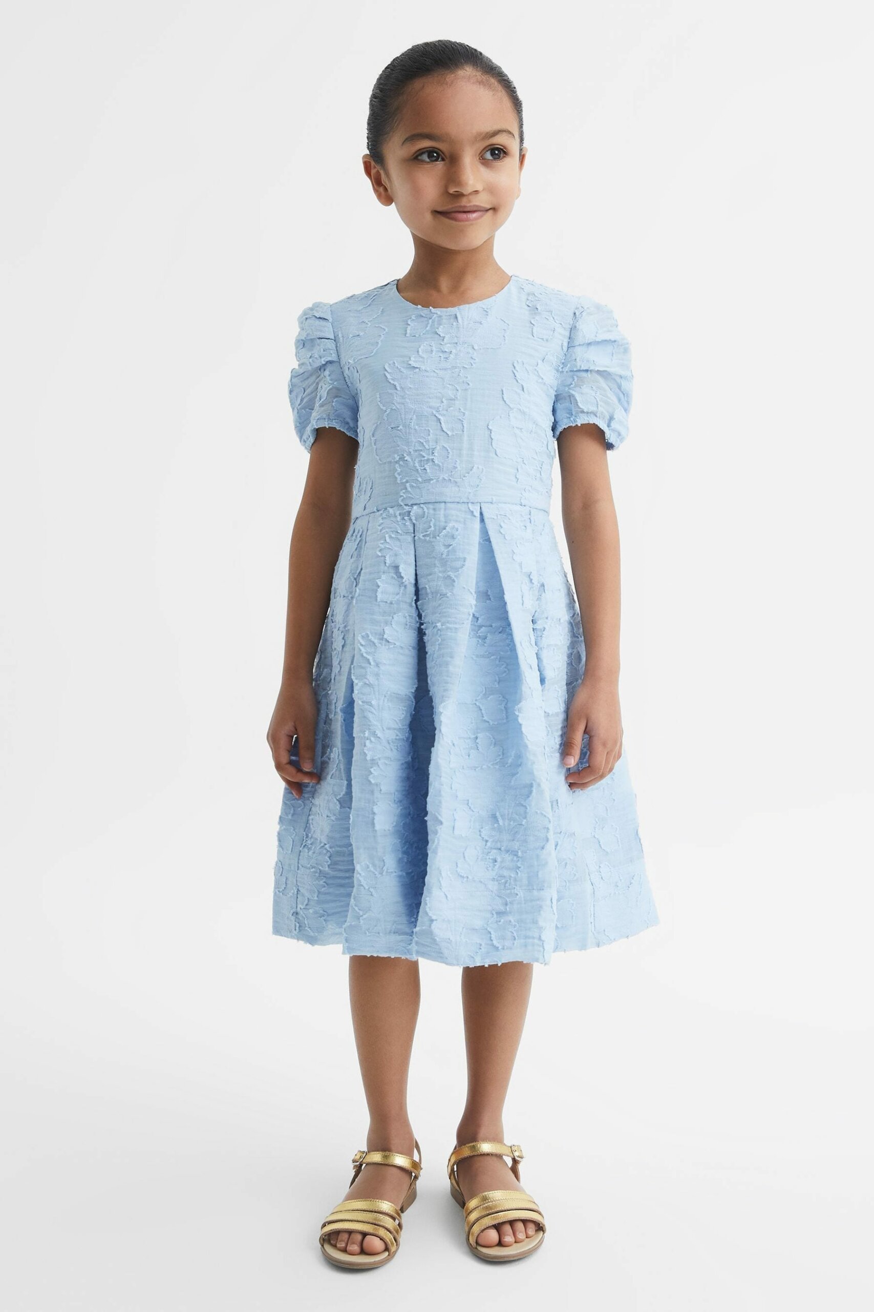 Amalie - Blue Senior Floral Print Textured Dress