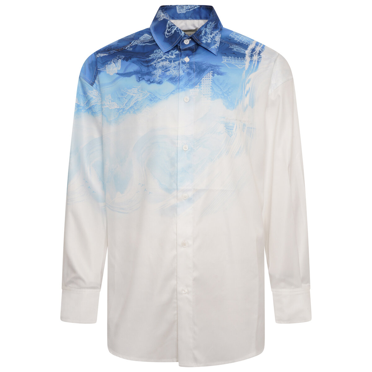 Chinese Painting Printed Shirt M Blue/white