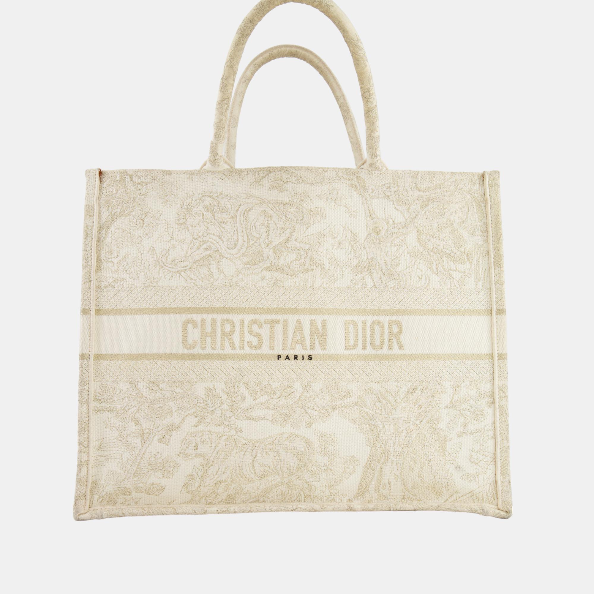 Christian Dior Cream and Gold Embroidered Large Book Tote Bag