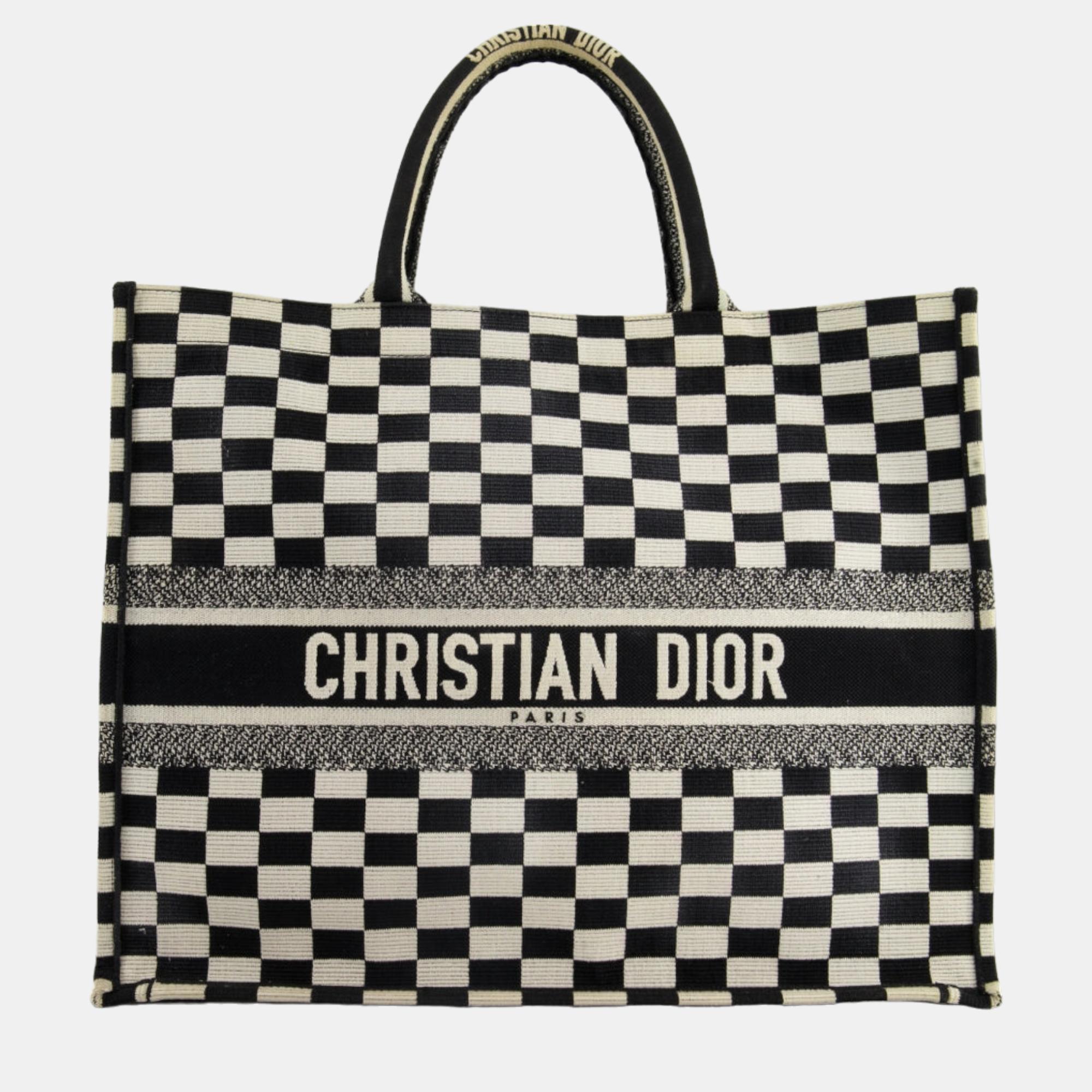 Christian Dior Large Black and White Chequered Book Tote Bag