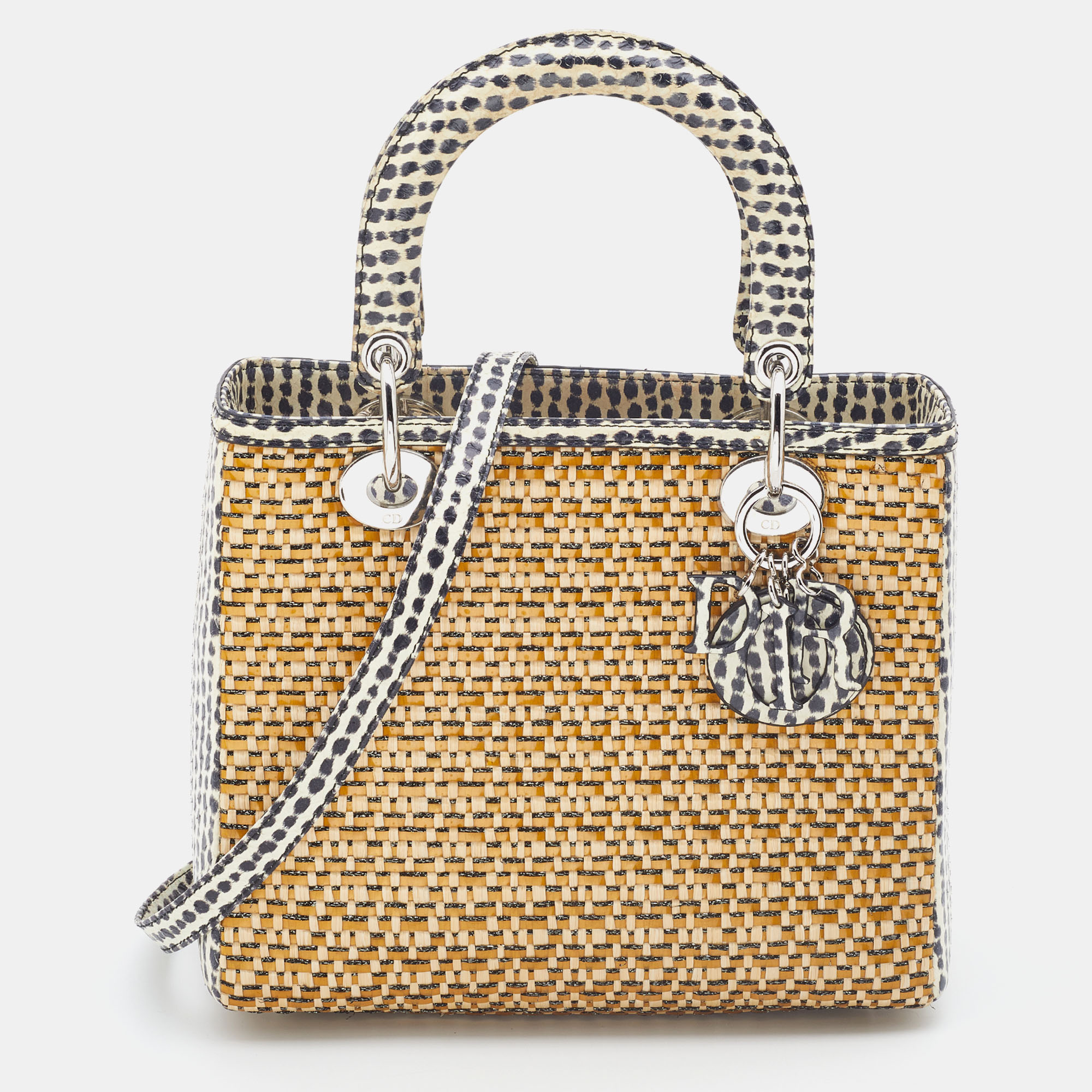 Dior Beige/Monochrome Woven Straw and Watersnake Medium Lady Dior Tote