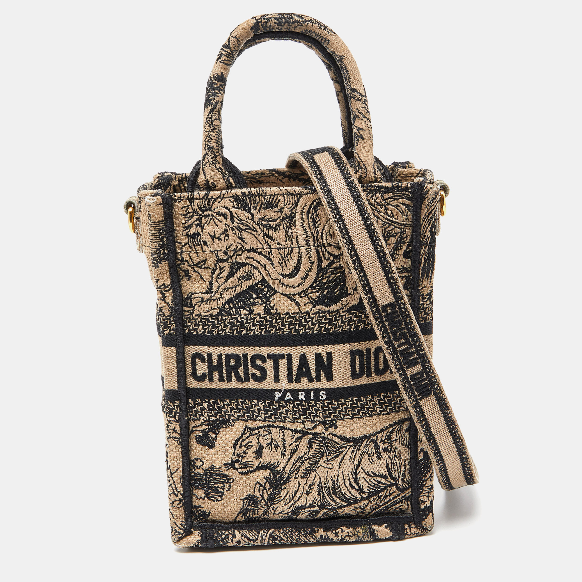 Dior Black Toile De Jouy Embroidery Canvas Mini Book Tote Phone Bag