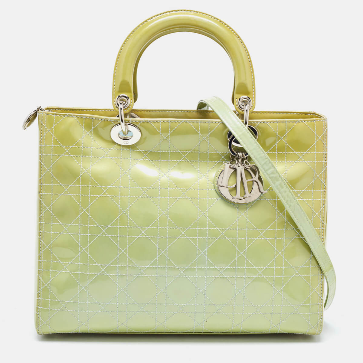 Dior Lime Green Cannage Patent Leather Large Lady Dior Tote