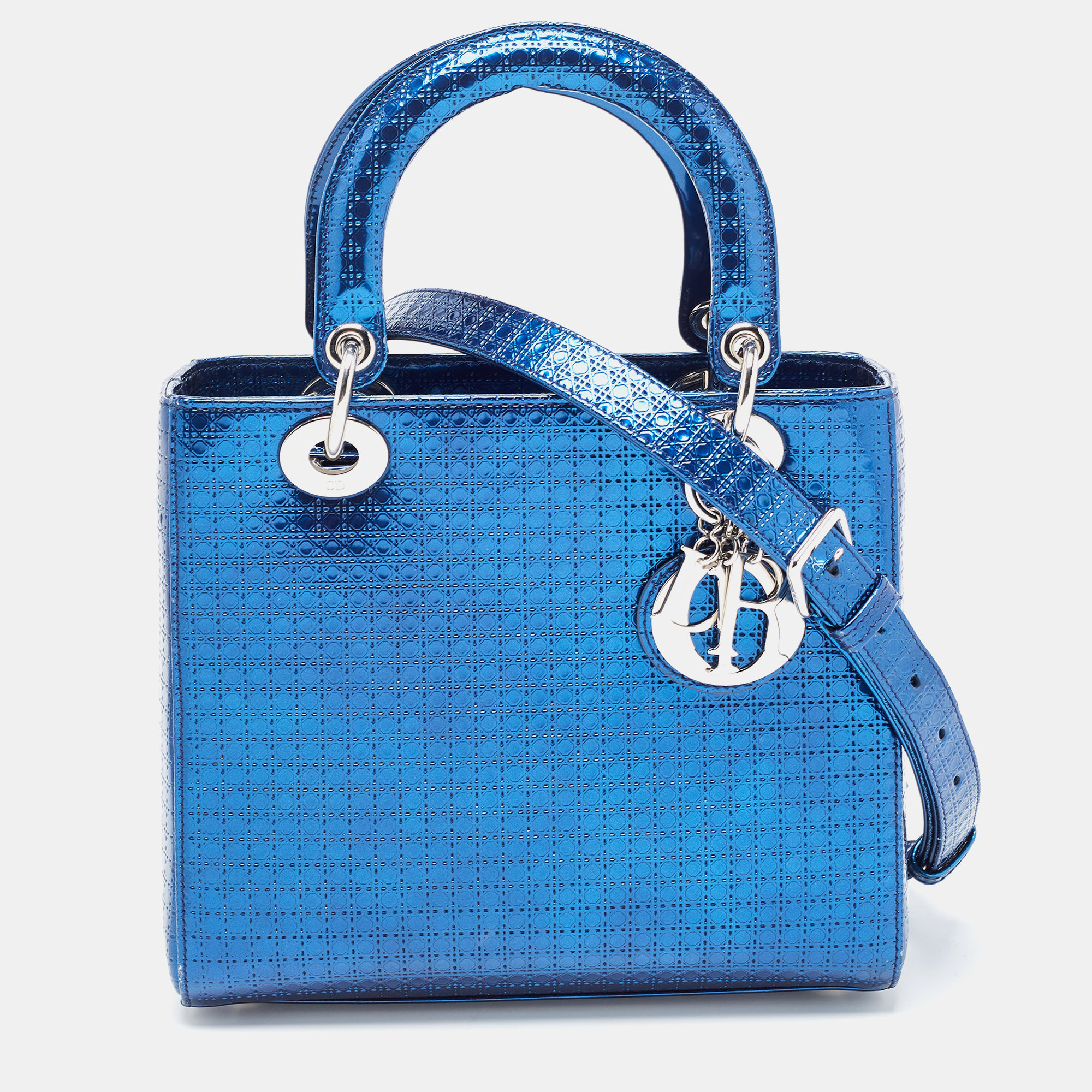 Dior Metallic Blue Microcannage Patent Leather Medium Lady Dior Tote