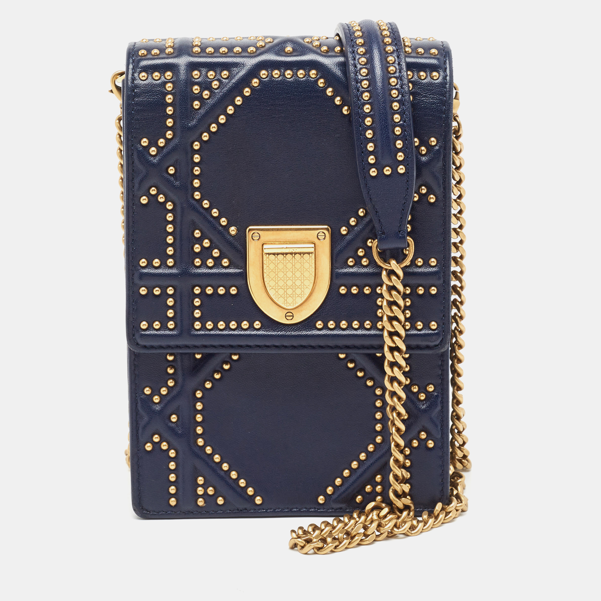 Dior Navy Blue Leather Studded Diorama Vertical Chain Clutch